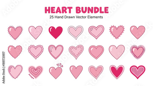 A collection of twenty five hand drawn pink heart vector elements is displayed in a visually appealing bundle