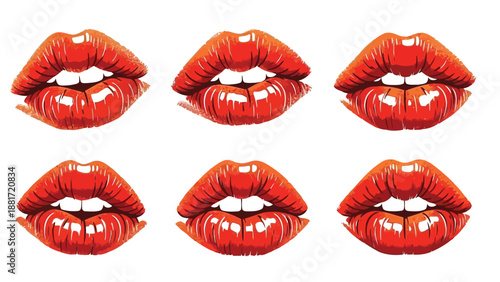 A vibrant arrangement of six stylized glossy red lips against a clean white background showcasing bold beauty