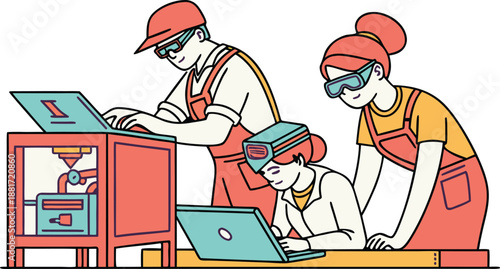 Line Art Illustration of Engineering Team Using Virtual Reality Headsets and Laptops for 3D Printing and Industrial Design