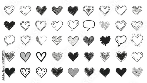 Collection of various hand drawn heart shapes and a speech bubble displayed in grayscale creating a romantic aesthetic