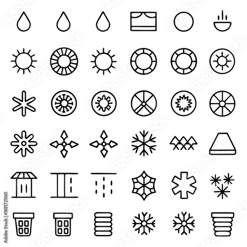 A collection of 36 icons representing various weather and climate symbols, including rain, sun, snow, and different types of weather patterns.