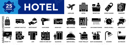 Hotel icon collection set. Containing Hotel, Reception, Door Hanger, Luggage, Service Bell, Food Trolley, Elevator, Bath Accessories, Shower, Bathroom icon