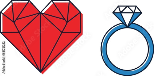 A red heart and a diamond ring are shown side-by-side on a white background.