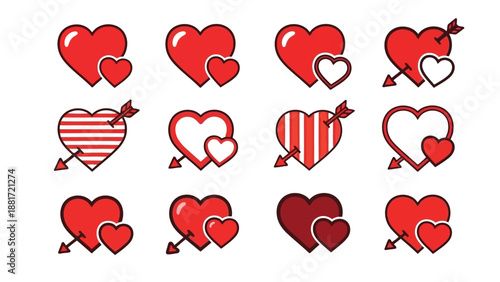 collection of various red and white heart shapes with different designs and patterns visible high quality