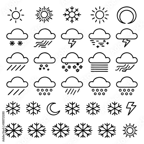 A collection of various weather icons representing different weather conditions, including sun, moon, clouds, rain, snow, and thunderstorms.
