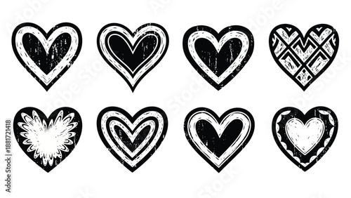 A collection of hand drawn heart shapes with varying internal designs and sketchy black outlines is shown