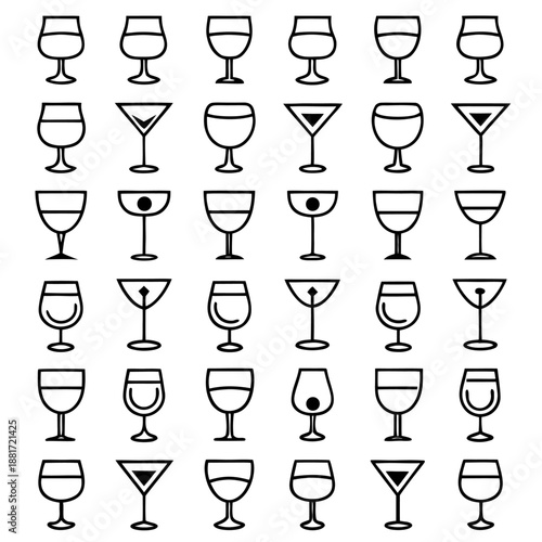 A collection of various types of glassware including wine glasses, martini glasses, and other drinkware arranged in a grid.