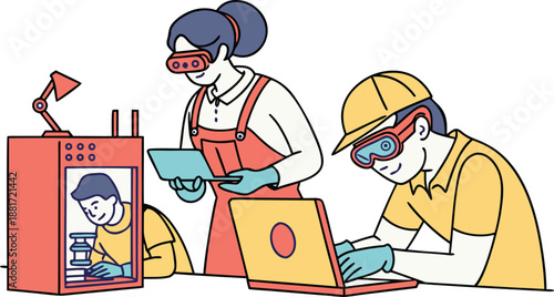 Line Art Illustration of Professional Engineers and Designers using VR Goggles and Laptops to Monitor 3D Printing Production