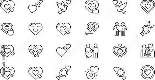 A collection of line art icons representing love, relationships, and romance are displayed.
