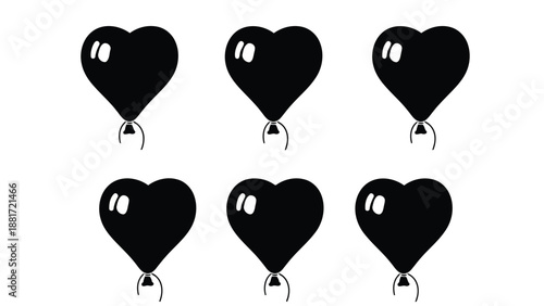 A simple illustration showcases six black heart shaped balloons floating against a clean white background evoking feelings of