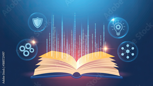 Illuminating Knowledge: An open book radiating digital data streams, symbolizing the transformative power of knowledge, innovation, and security. A beacon of wisdom, creativity.