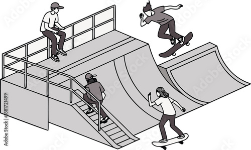 Isometric Illustration of Young Athletes and Influencers Filming Extreme Sports Content at Vibrant Urban Skate Park Facility