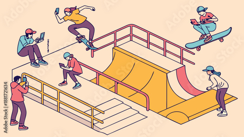 Isometric Illustration of Young Athletes and Influencers Filming Extreme Sports Content at Vibrant Urban Skate Park Facility