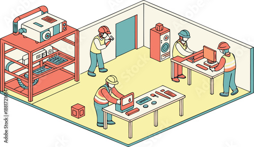 Isometric Illustration of Industrial Engineers Working in Modern Manufacturing Facility with Machinery and Digital Workstations