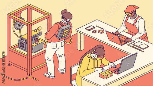 Isometric Illustration of Engineers Working with 3D Printer and Laptops in Modern Laboratory or Creative Workspace