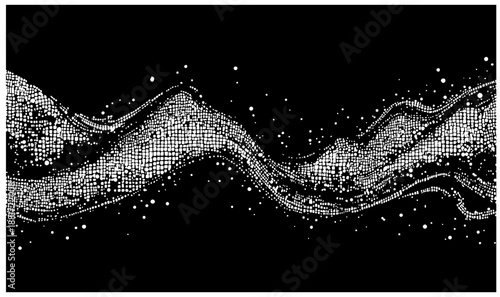 Abstract art featuring a flowing wave of squares and dots across a dark background. Evokes data, motion, and digital design, ideal for tech, science, and creative projects.