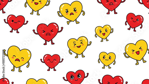 A collection of cute cartoon hearts with various emotions and expressions are scattered across a white background.