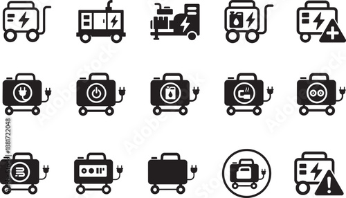 Clean generator icon set with modern vector symbols for power, energy, electricity and industrial systems.
