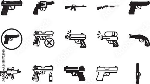 Modern gun icon set with clean vector symbols for weapon, security, defense, military and shooting themes.