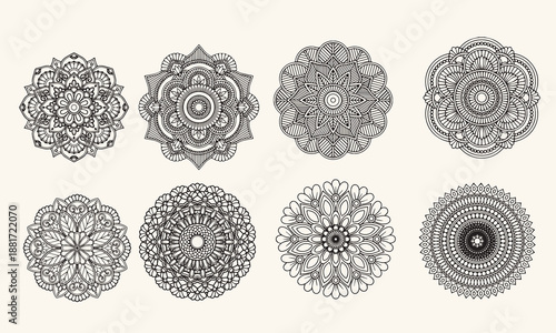Hand-drawn floral and abstract doodle mandala circular ornaments. Vector bundle.
