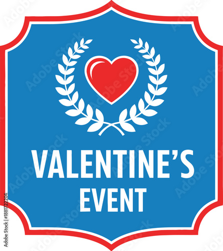 A blue emblem with a red heart, laurel wreath, and the words VALENTINE'S EVENT.