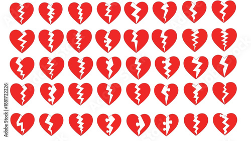 A repeating pattern of numerous broken red hearts fills the entire frame conveying themes of loss and heartbreak