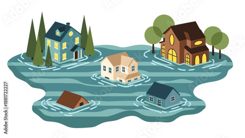 Vector illustration of residential homes submerged in floodwaters, depicting a natural disaster scenario