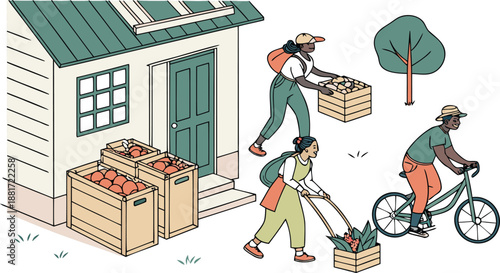 Vector Illustration Set of Agricultural Workers Harvesting Organic Vegetables and Transporting Produce by Bicycle