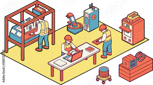Modern Industrial Workshop with Technicians Operating Advanced Robotic Machinery and Digital Control Systems