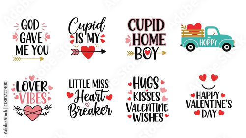 A delightful collection of valentine s day themed typography and illustrations including hearts and a small truck