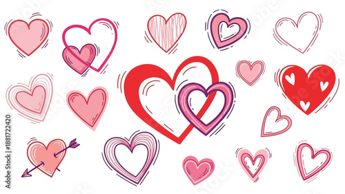 An assortment of hand drawn hearts in varying shades of pink and red showcasing love and affection