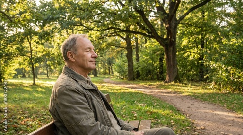Young man breathes calmly amid greenery concept. Man enjoying nature while sitting on a bench in a serene park.