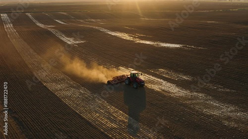 Tractor Cultivating Vast Farmland at Sunset Aerial View