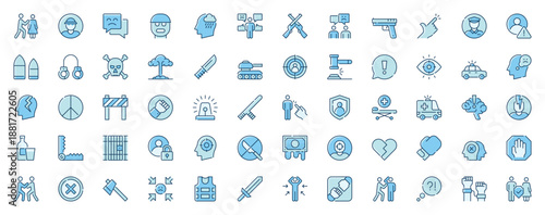 Abuse and violence web icons set in line design. Duotone pictogram pack of harassment, cyber bullying, conflicts, weapons, attack, crime, handcuff, more outline stroke signs. Vector illustration.