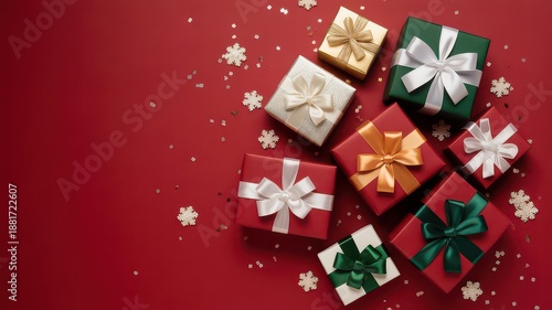 Beautifully wrapped Christmas gifts with bows on red background with snowflakes