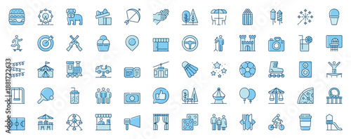 Amusement park web icons set in line design. Duotone pictogram pack of fast food, carousel, ferris wheel, gifts, cafe, fireworks, carnival, attraction, more outline stroke signs. Vector illustration.