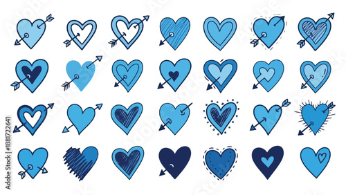 A collection of blue hearts pierced by arrows showcasing various styles and designs in a repeating pattern