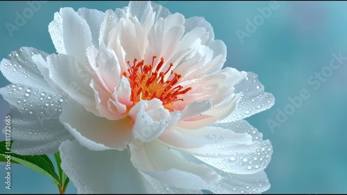White peony flower blooming in slow motion with water droplets on petals against soft blue background