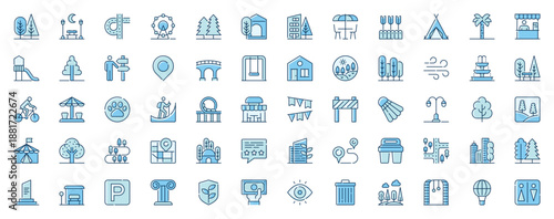 City park web icons set in line design. Duotone pictogram pack of trees, bench, road, path, ferris wheel, street cafe, playground, direction pointer, more outline stroke signs. Vector illustration.