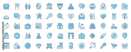 Family and wedding web icons set in line design. Duotone pictogram pack of love, couple, bouquet, ring, balloon, heart, cake, padlock, baby stroller, more outline stroke signs. Vector illustration.