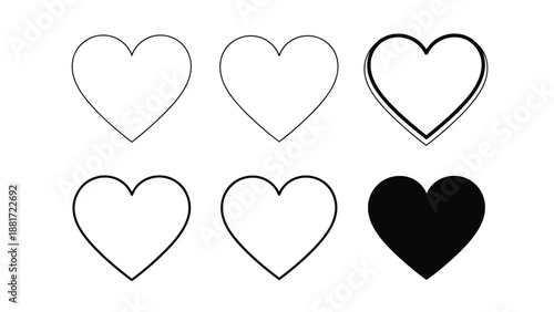 Collection of six different heart shapes in various line styles and fill colors high quality professional