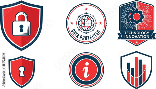 A collection of six graphic icons representing security, data protection, and technology.