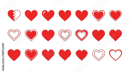 a collection of various red heart shapes and symbols in different styles and designs are shown