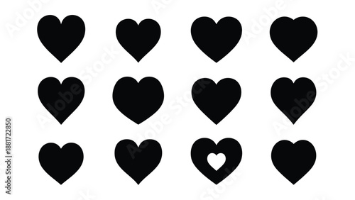a collection of black hearts on a white background with one heart partially filled with white