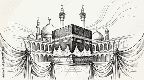 Kaaba Sketch Vector – Black and White Islamic Sacred Mosque Illustration with Kiswah, Minarets, Domes, Drapery for Hajj, Umrah, Mecca Pilgrimage, Religious Art