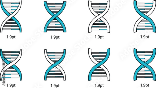 Eight stylized DNA double helix illustrations are arranged in two rows of four.