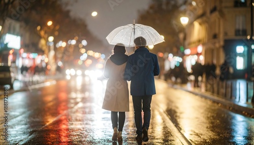 Romantic evening stroll paris couple urban setting nighttime togetherness