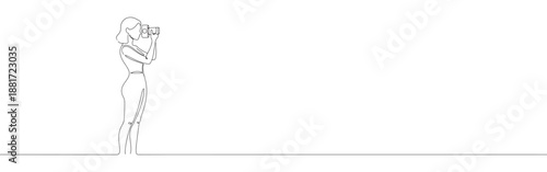 One continuous line drawing of photographer holding camera and taking a photo. Minimalist style