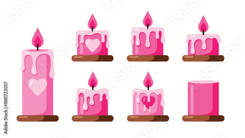 A collection of pink dripping candles with heart details displaying various shapes and burning flames