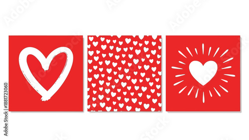A vibrant triptych showcases red backgrounds adorned with varying white heart motifs creating a romantic aesthetic